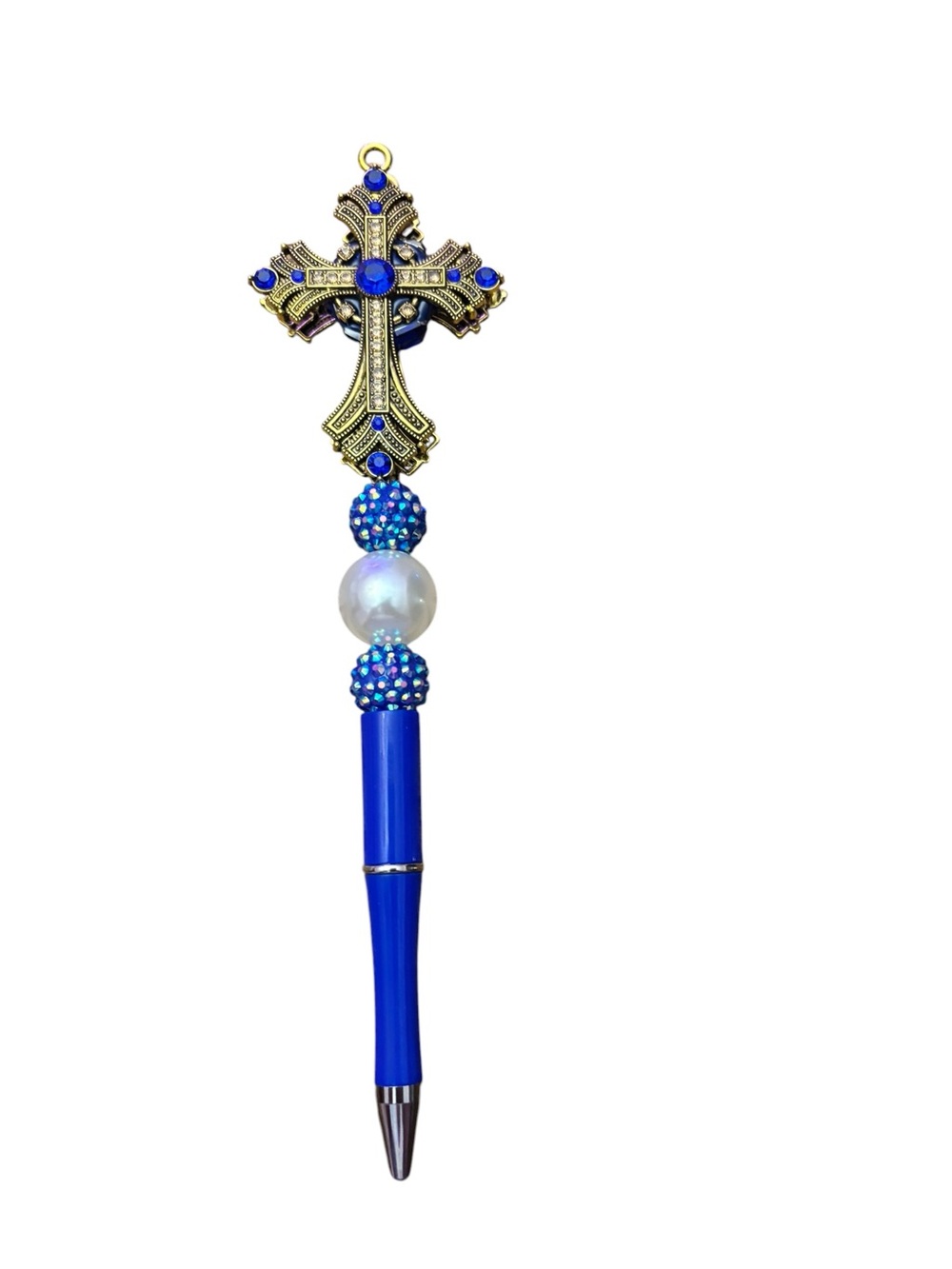Gold Cross Pen with Blue Beads Handmade By AB INKS HANDMADE EXPRESSIONS